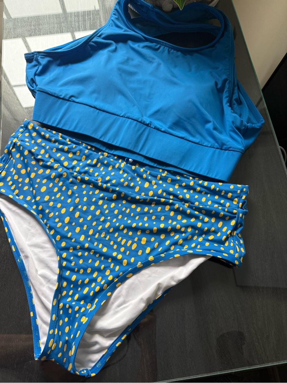 High-Waist Blue Bikini Set with Yellow Dot Print (top:Medium/bottom:Large)